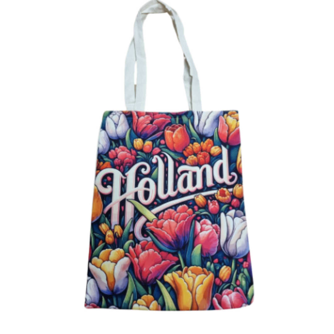 Zijdezachte katoenen draagtas bedrukt met een Hollands molen- en tulpenlandschap, ideaal als herbruikbare boodschappentas of geschenk
