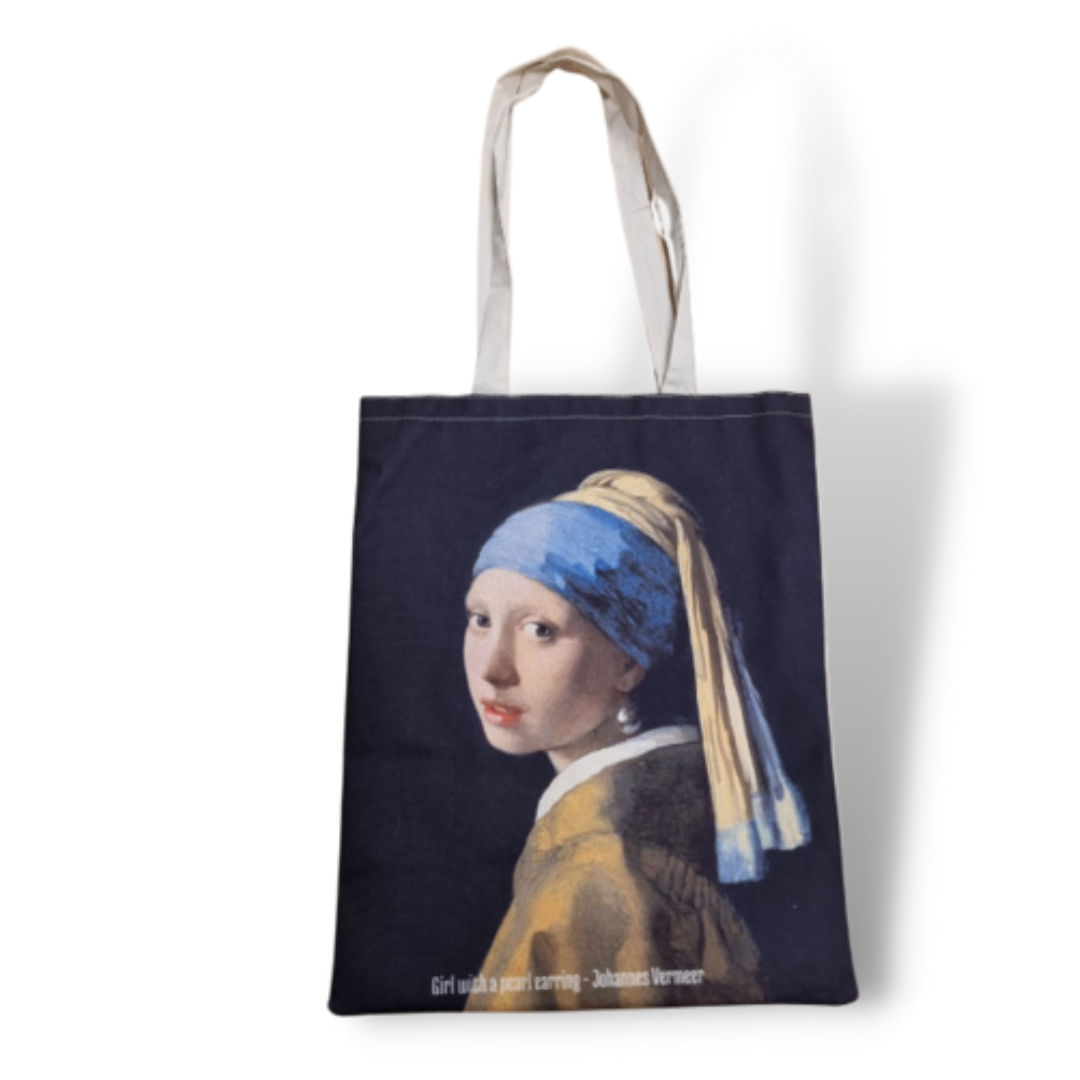 Katoenen canvas draagtas bedrukt met Vermeer's 'Meisje met de Parel', ideaal voor dagelijks gebruik of als geschenk.