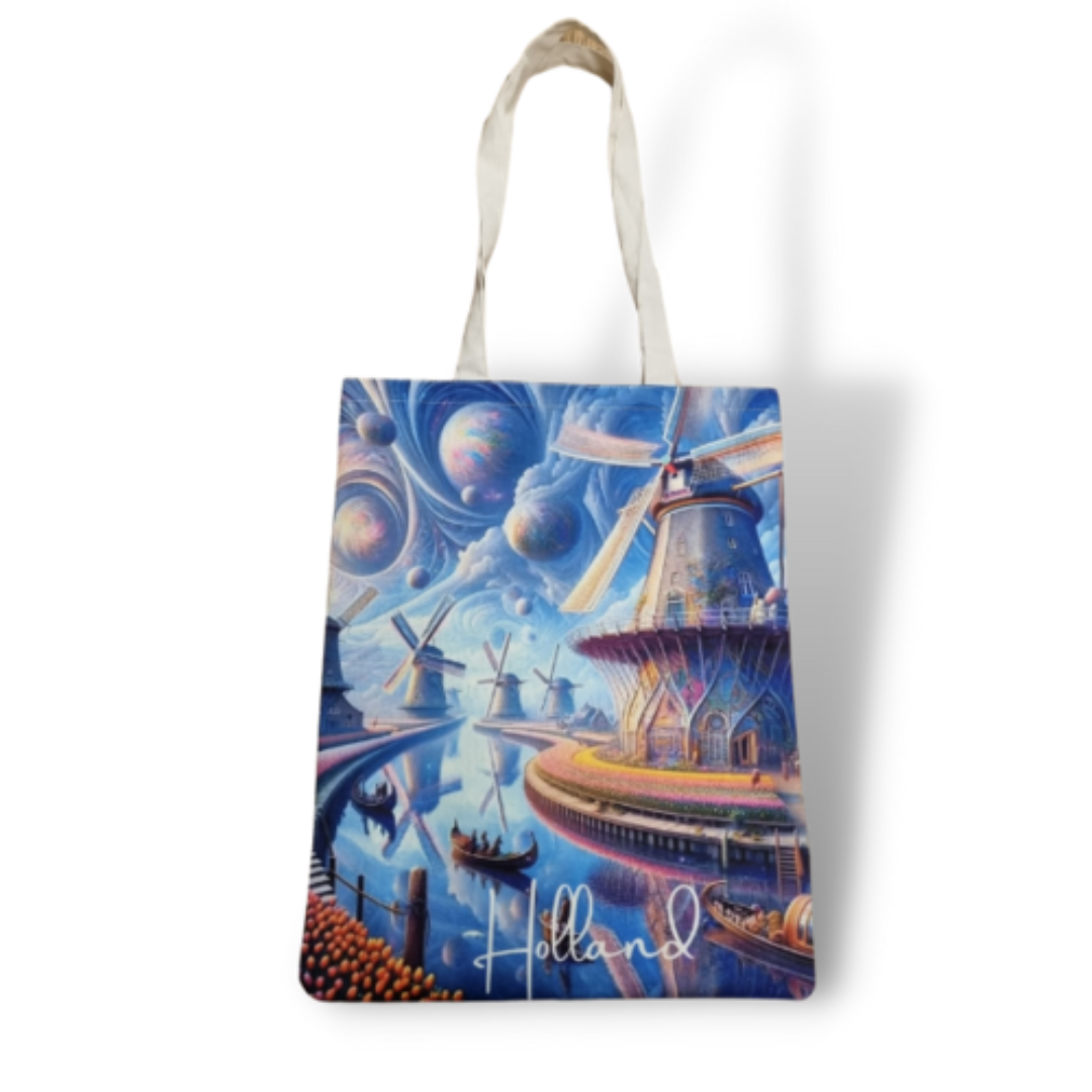 Katoenen canvas draagtas bedrukt met windmolens in een fantasierijk ruimtethema, ideaal voor dagelijks gebruik of als geschenk