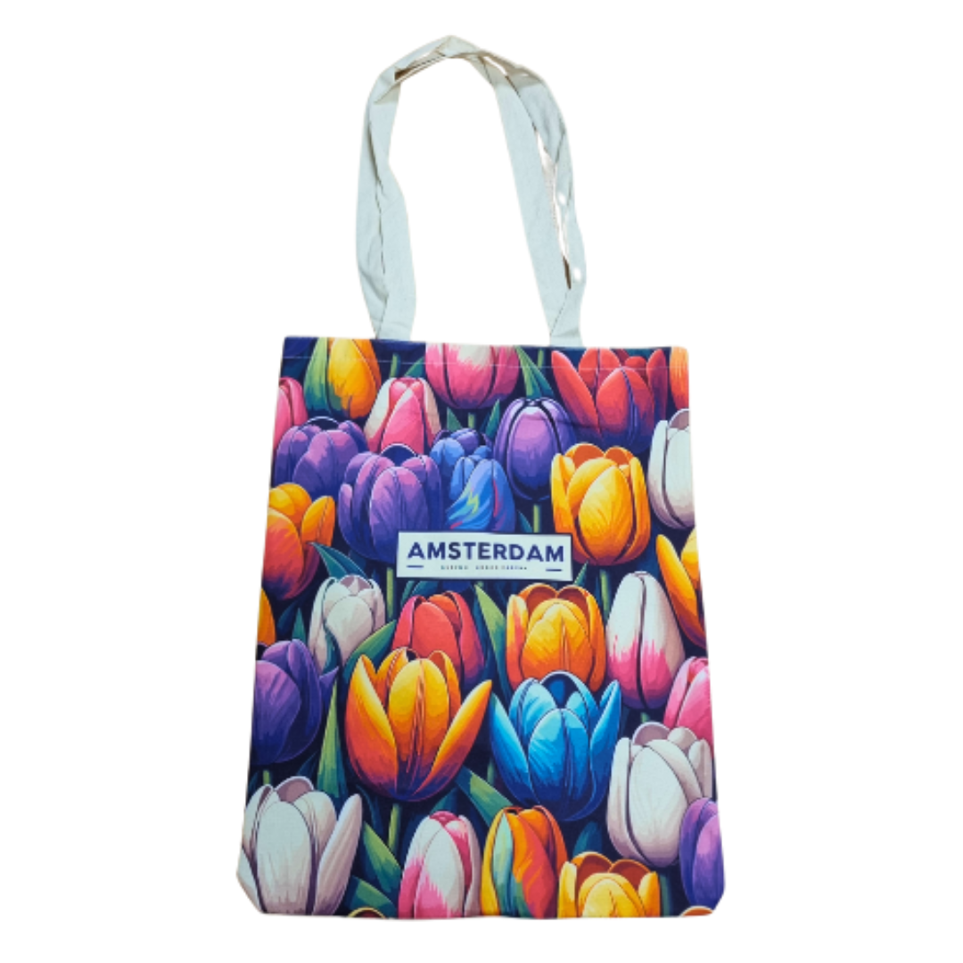Katoenen canvas draagtas met een kleurrijke afbeelding van tulpen en Amsterdam, ideaal voor dagelijks gebruik of als geschenk