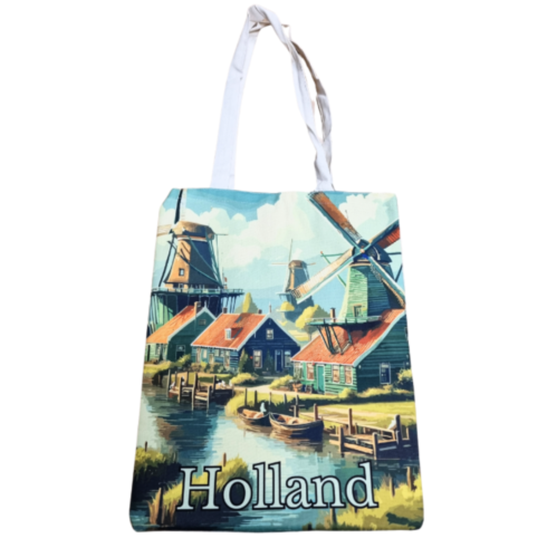 Katoenen canvas draagtas bedrukt met een iconisch beeld van de Zaanse Schans molens, ideaal voor dagelijks gebruik of als geschenk