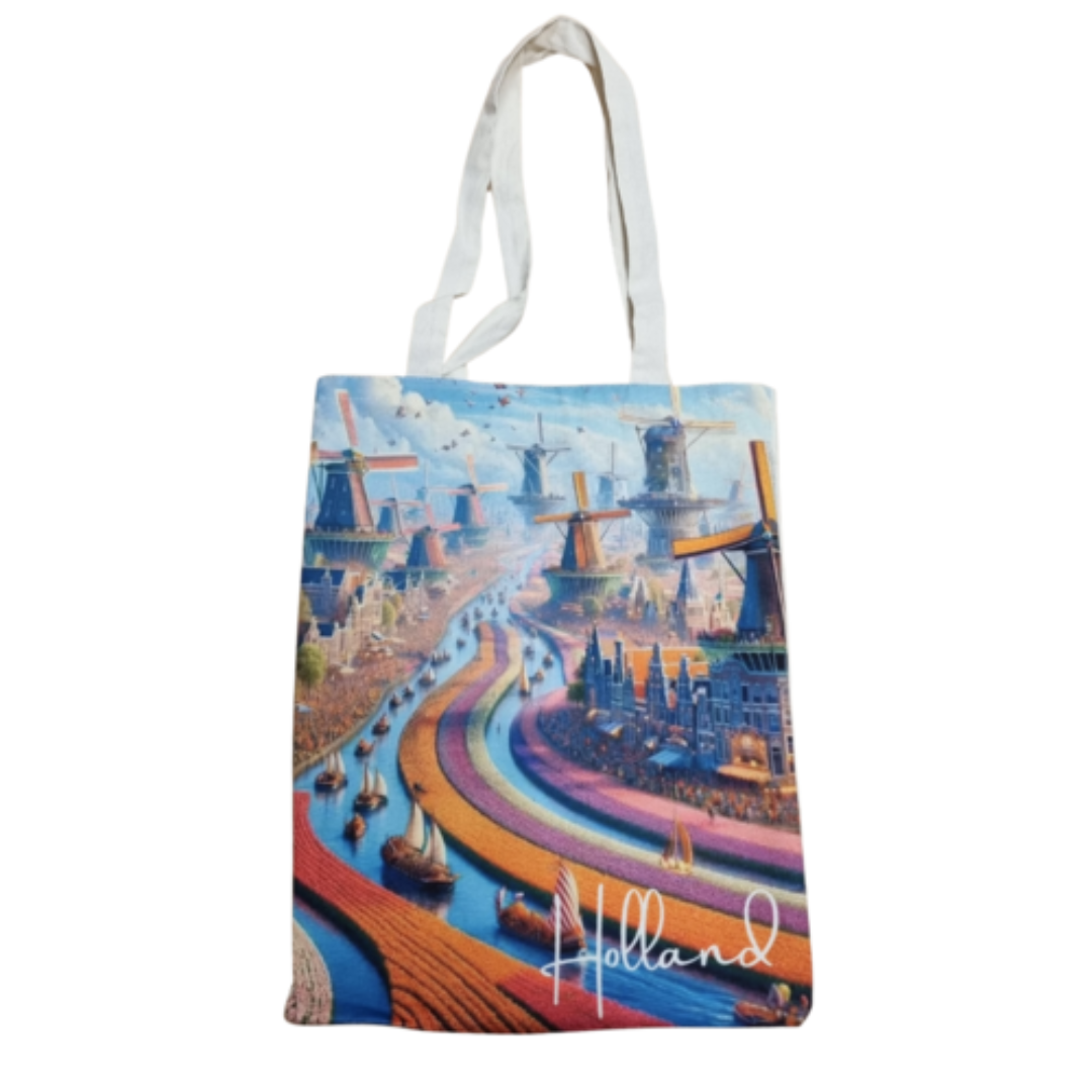 Katoenen canvas draagtas bedrukt met molenfestival aan de grachten in verschillende kleuren, ideaal voor dagelijks gebruik of als geschenk.