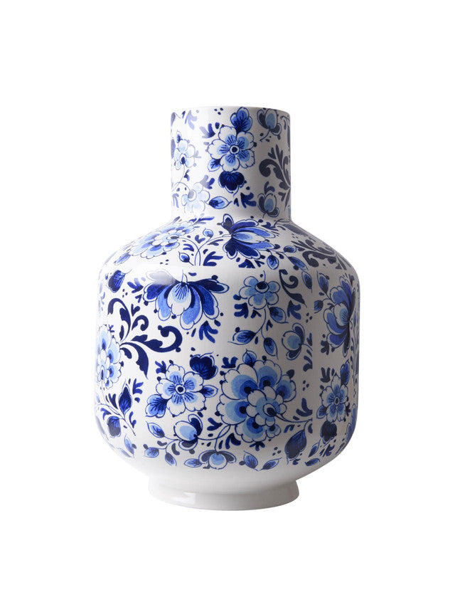 Grote vaas met modern Delfts blauw decor, bolle buik en smalle hals.