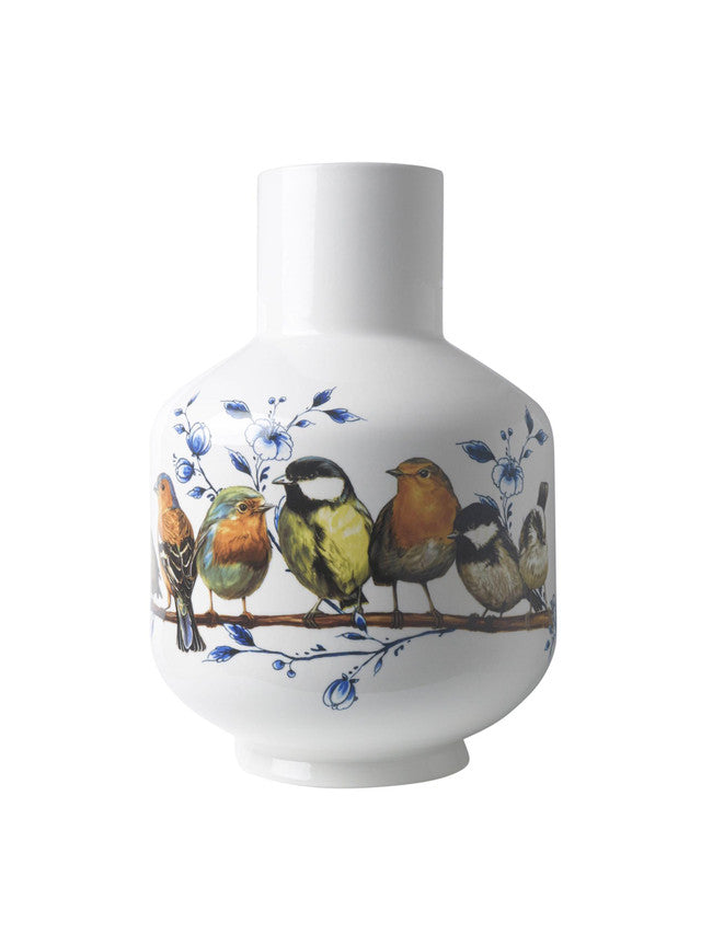 Grote vaas met bolle buik, smalle hals en bosvogels in Delfts blauw design.