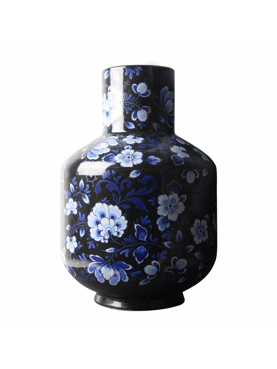 Moderne vaas in zwart en Delfts blauw met bolle buik en smalle hals.