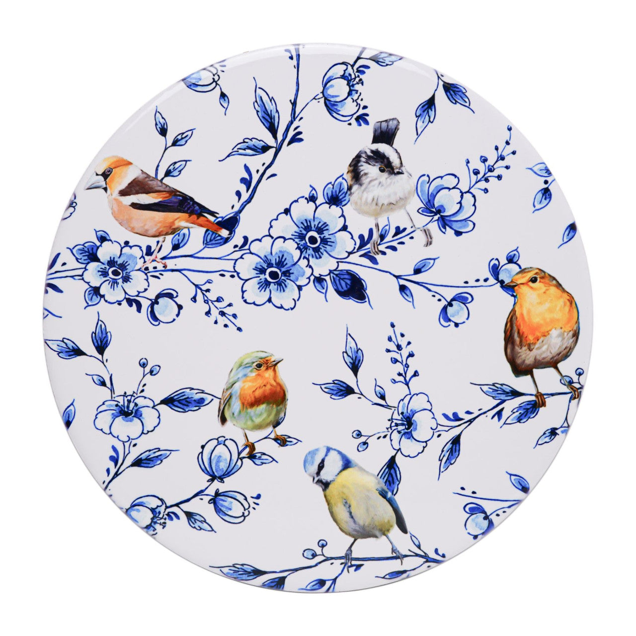 Keramische Delfts blauwe pannenonderzetter met kleurrijke bosvogels en bloesemtakken, voorzien van een kurklaag.