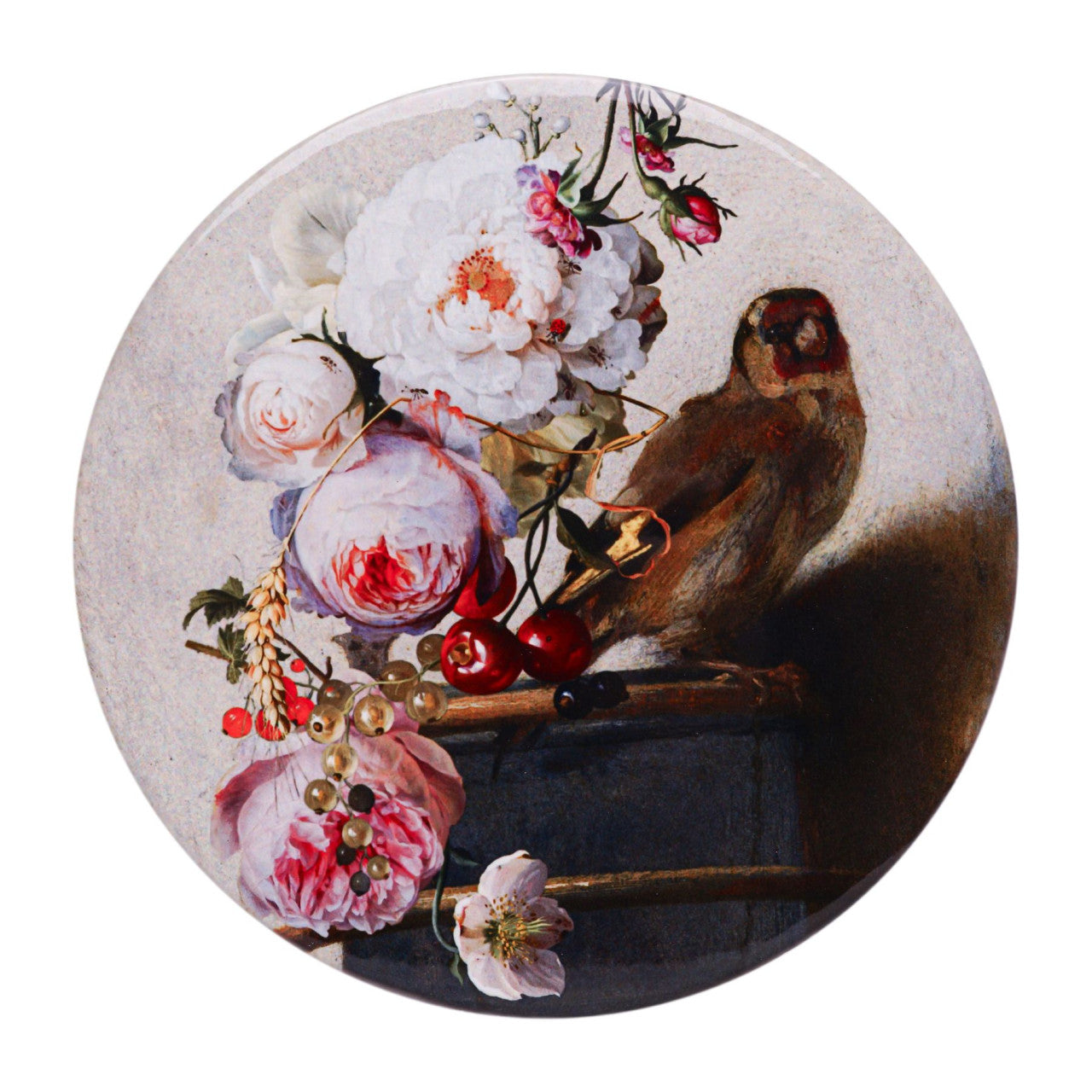 Keramische pannenonderzetter met het schilderij Het Puttertje van Carel Fabritius en pastelkleurige bloemen, met een kurklaag aan de onderkant.