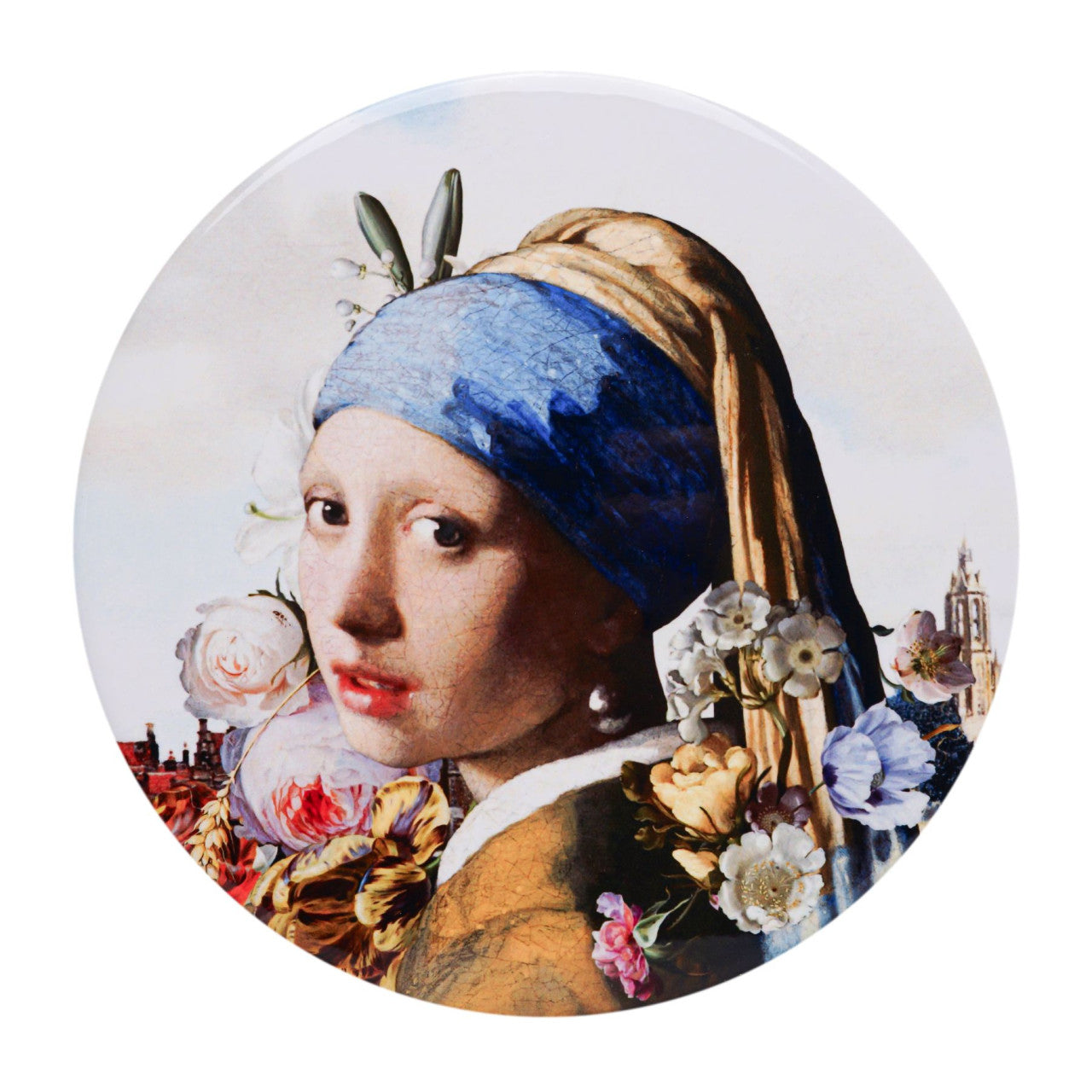 Keramische pannenonderzetter met het schilderij Meisje met de Parel van Johannes Vermeer en pastelkleurige bloemen, voorzien van kurklaag.