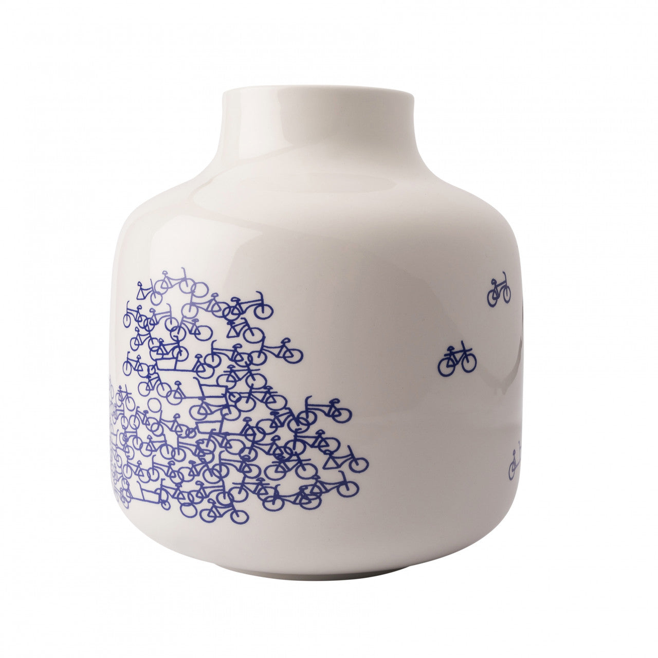 De Blauwe Fietsvaas Nr. 3 - een moderne aardewerken vaas in Delfts blauwe stijl met een fietsontwerp, 18 cm diameter, 21 cm hoog, perfect voor elke bloemsoort of als decoratief stuk