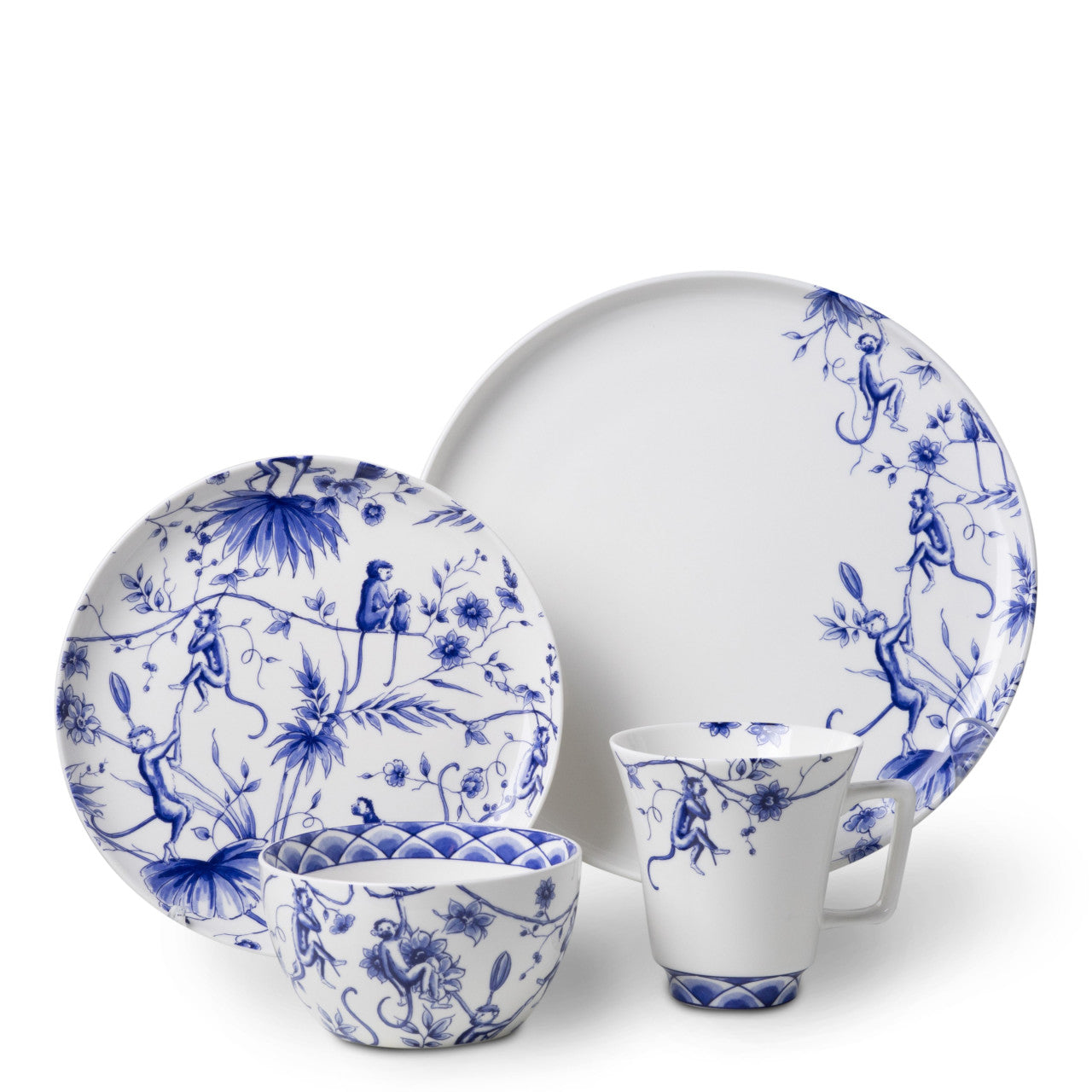 "Ontdek de perfecte balans tussen elegantie en speelsheid met deze prachtige 4-delige serviesset van Janny van der Heijden, waarin de charmante aapjes je gezelschap houden bij elke maaltijd.