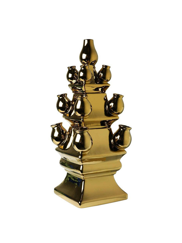 Driedelige XL tulpenvaas met goudverf, ontworpen voor het schikken van bloemen.