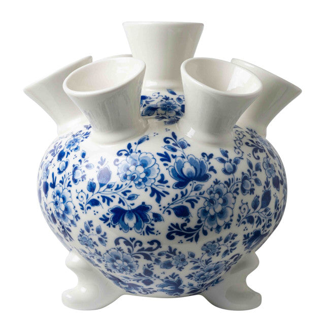 Grote tulpenvaas op pootjes XL met sierlijke bloemendecoratie in Delfts blauw