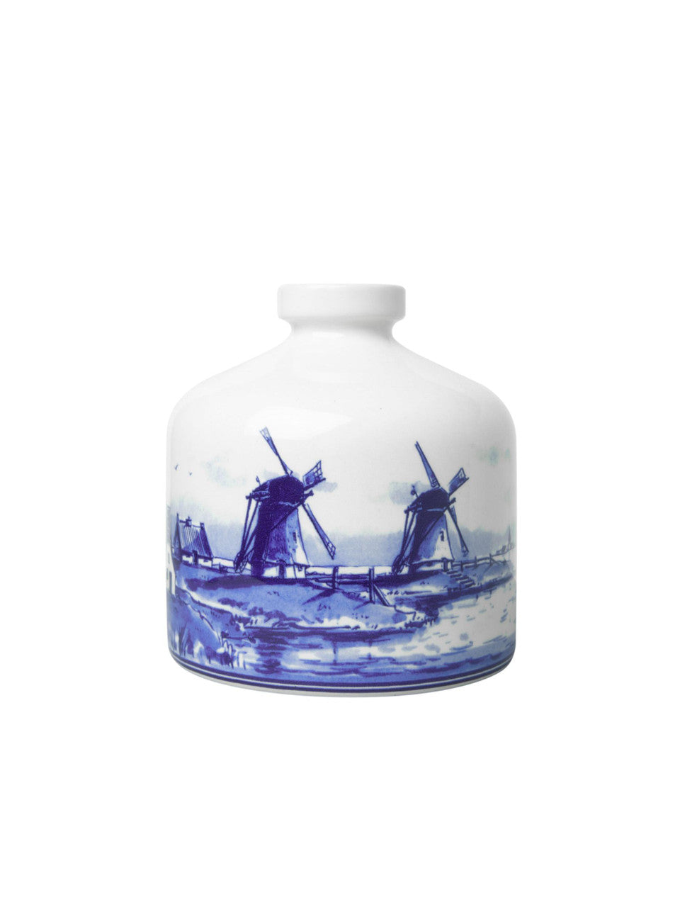 Klein Delfts blauw vaasje met Nederlands landschap en molens.