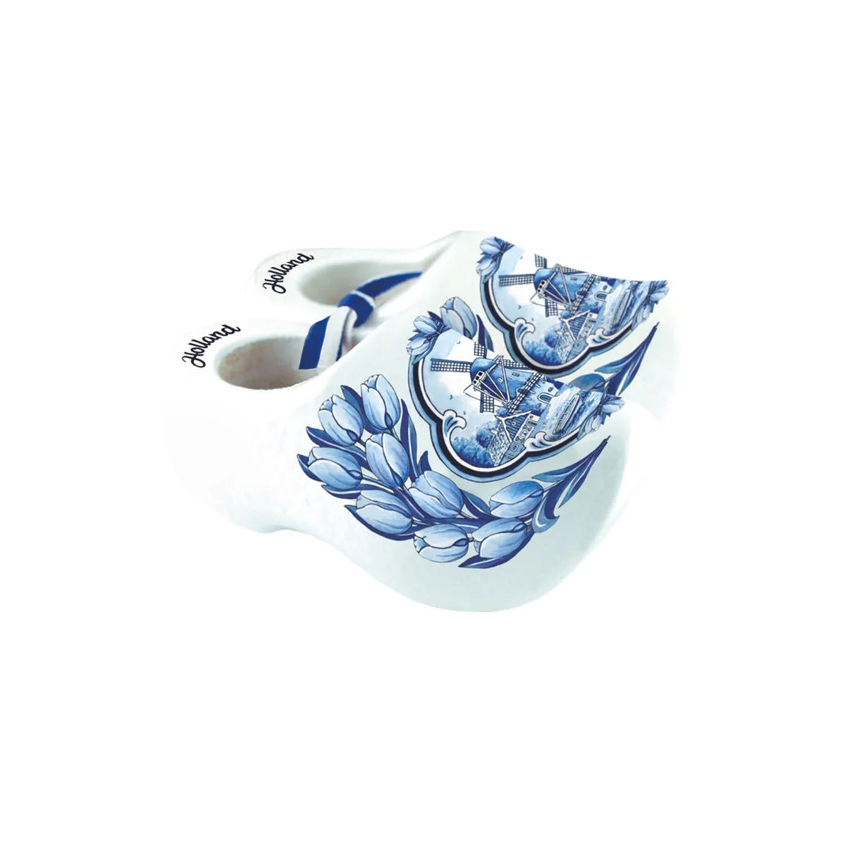 Blauw-witte houten klompjes in drie maten, samengeknoopt met een rood-wit-blauw lint, geschikt voor decoratieve doeleinden.