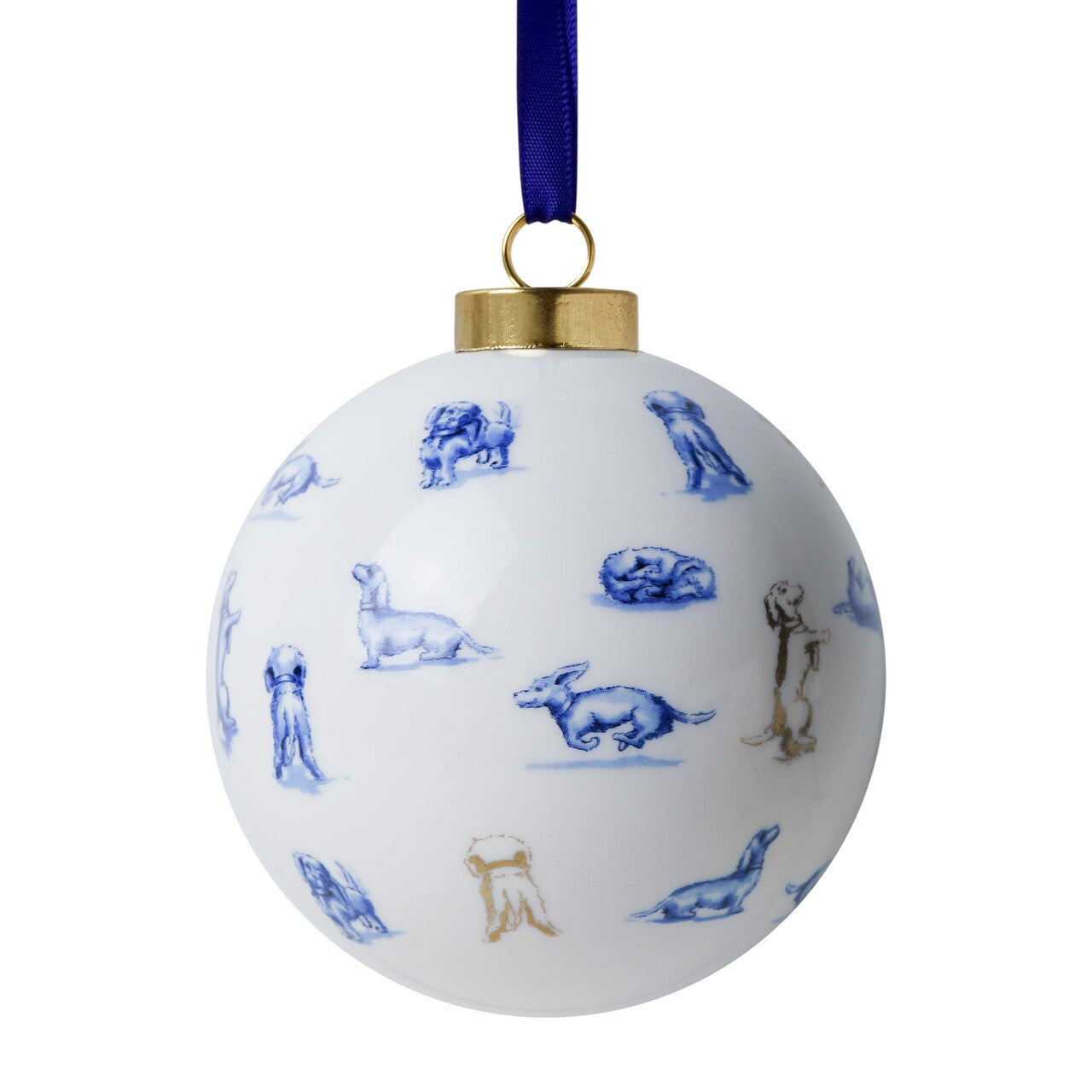 Delfts blauwe kerstbal met teckel Nhaan, perfect voor sfeervolle kerstdecoratie.