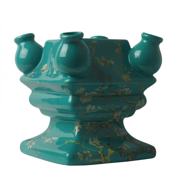 Stapelvaas 3-delig Van Gogh, geïnspireerd door 'Amandelbloesem', met unieke bloemenprint en groenblauwe lucht, geleverd in speciale verpakkingsdozen