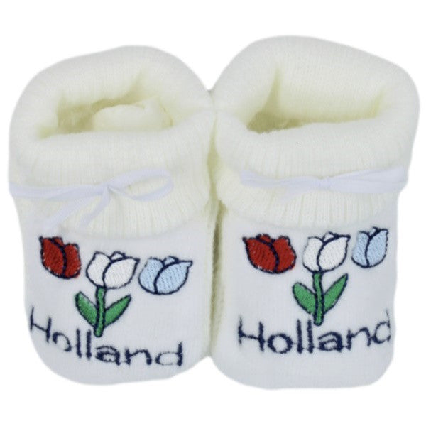 Schattige babyslofjes met tulpontwerp in rood, wit en blauw, gemaakt van 100% acryl, perfect voor pasgeborenen en jonge baby's.