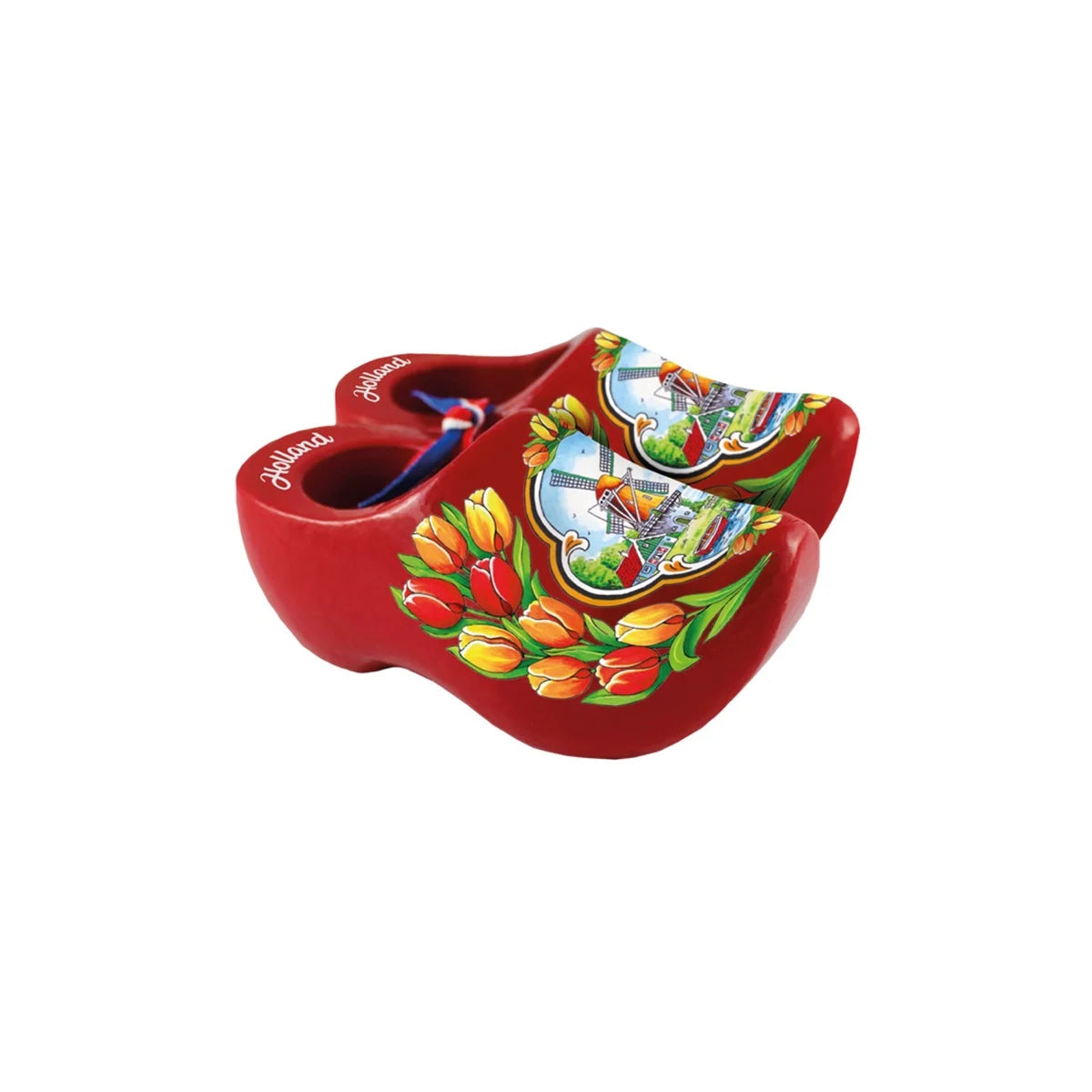 Rode houten klompjes in drie maten, samengeknoopt met een rood-wit-blauw lint, geschikt voor decoratieve doeleinden