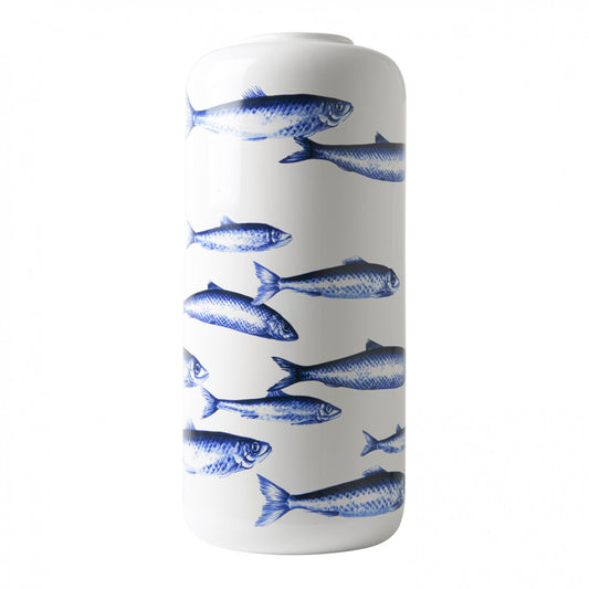 Delfts Blauwe Cilindervaas met Visontwerp - Handbeschilderde keramische vaas met levendige school vissen, geïnspireerd door de rijke maritieme geschiedenis. Voegt een vleugje maritieme charme toe aan elk interieur. Ø 14 cm, H 31 cm