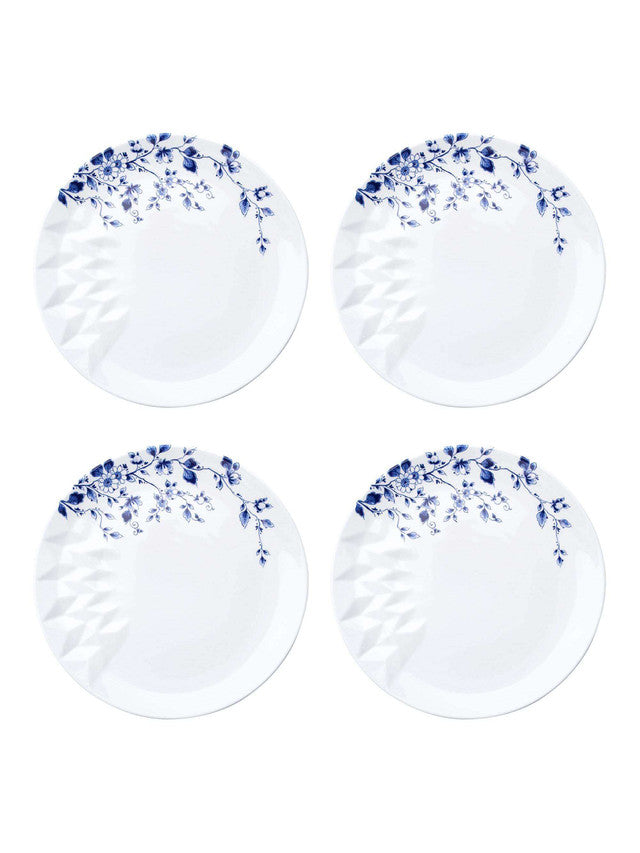 Set van 4 Blauw Vouw dinerborden, ontworpen door Romy Kühne met geometrisch design.
