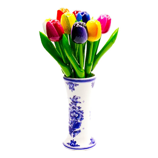 Delfts Blauwe Aardewerk Vaasje Met 9 Houten Tulpen