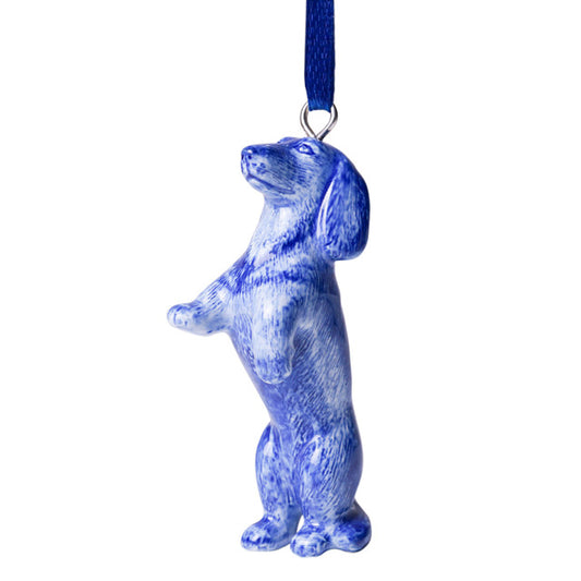 Delfts blauw keramieken kerstornament van teckel Nhaan met blauw lintje, Sharing Moments