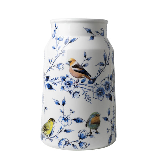 Breng de rustieke sfeer van het platteland naar je huis met deze prachtige vaas in de vorm van een melkbus, gedecoreerd met betoverende bosvogels. Een uniek stuk dat natuurlijke schoonheid en landelijke charme combineert